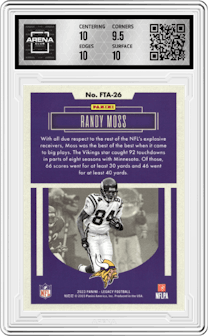 Randy Moss from the 2023 Panini Legacy set graded by Arena Club and given an overall grade of 10.