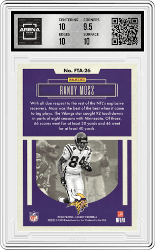 Randy Moss from the 2023 Panini Legacy set graded by Arena Club and given an overall grade of 10.