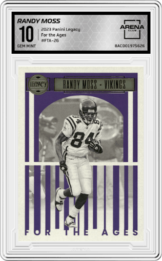 Randy Moss from the 2023 Panini Legacy set graded by Arena Club and given an overall grade of 10.