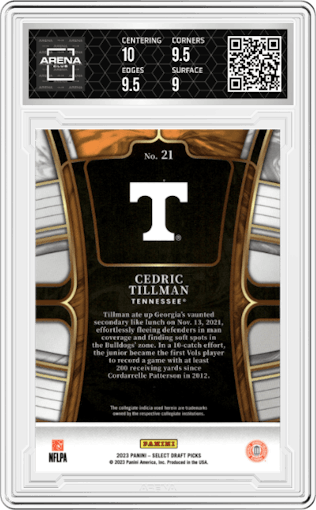 Cedric Tillman from the 2023 Panini Select Draft Picks set graded by Arena Club and given an overall grade of 9.5.