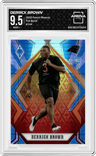 Derrick Brown from the 2020 Panini Phoenix set featuring a Fire Burst parallel graded by Arena Club and given an overall grade of 9.5.