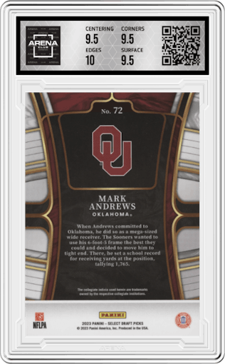 Mark Andrews from the 2023 Panini Select Draft Picks set graded by Arena Club and given an overall grade of 10.