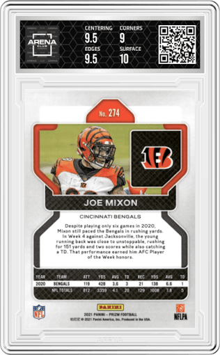 Joe Mixon from the 2021 Panini Prizm set graded by Arena Club and given an overall grade of 9.5.