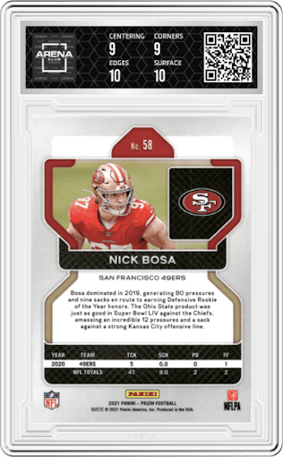 Nick Bosa from the 2021 Panini Prizm set graded by Arena Club and given an overall grade of 9.5.