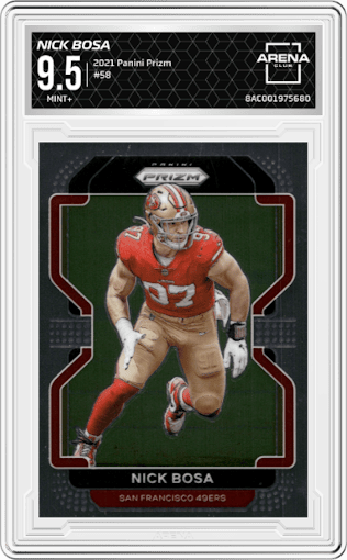Nick Bosa from the 2021 Panini Prizm set graded by Arena Club and given an overall grade of 9.5.