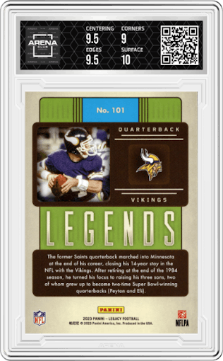Archie Manning from the 2023 Panini Legacy set graded by Arena Club and given an overall grade of 9.5.
