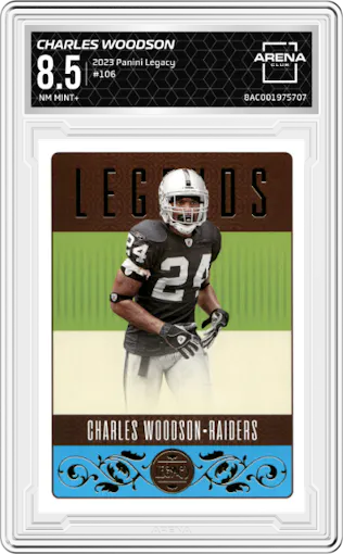 Charles Woodson  from the 2023 Panini Legacy set graded by Arena Club and given an overall grade of 8.5.
