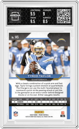Tyrod Taylor from the 2020 Panini Prizm set graded by Arena Club and given an overall grade of 9.