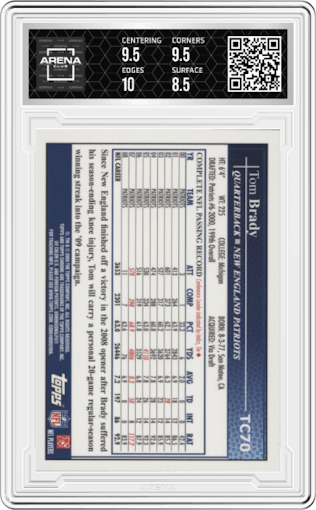 Tom Brady from the 2009 Topps Chrome set graded by Arena Club and given an overall grade of 9.