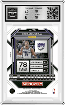 Keegan Murray from the 2022-23 Panini Prizm Monopoly set featuring a Pink Prizm parallel graded by Arena Club and given an overall grade of 10.