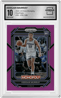 Keegan Murray from the 2022-23 Panini Prizm Monopoly set featuring a Pink Prizm parallel graded by Arena Club and given an overall grade of 10.