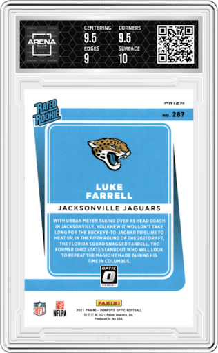 Luke Farrell from the 2021 Panini Donruss Optic set featuring a Pink parallel graded by Arena Club and given an overall grade of 9.5.
