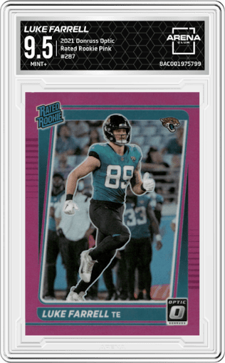 Luke Farrell from the 2021 Panini Donruss Optic set featuring a Pink parallel graded by Arena Club and given an overall grade of 9.5.