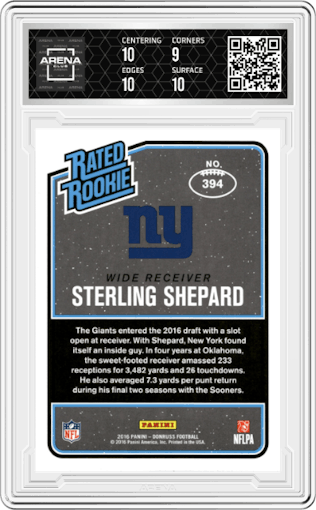 Sterling Shepard from the 2016 Panini Donruss  set graded by Arena Club and given an overall grade of 9.5.