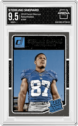Sterling Shepard from the 2016 Panini Donruss  set graded by Arena Club and given an overall grade of 9.5.