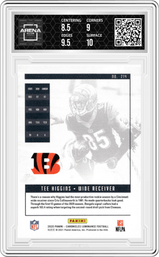 Tee Higgins from the 2020 Panini Chronicles set graded by Arena Club and given an overall grade of 9.