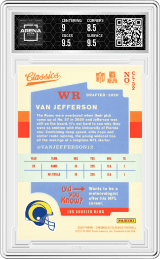 Van Jefferson from the 2020 Panini Chronicles set graded by Arena Club and given an overall grade of 9.