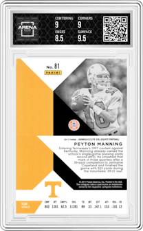 Peyton Manning from the 2017 Panini Elite Draft Picks set graded by Arena Club and given an overall grade of 9.