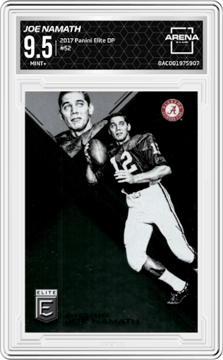 Joe Namath from the 2017 Panini Elite Draft Picks set graded by Arena Club and given an overall grade of 9.5.