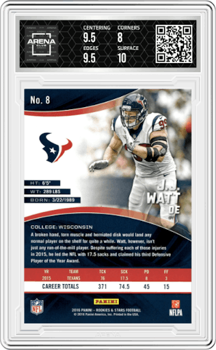 J.J. Watt  from the 2016 Panini Rookies & Stars set graded by Arena Club and given an overall grade of 8.5.