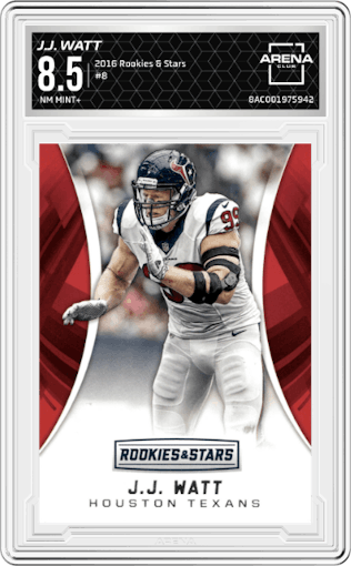 J.J. Watt  from the 2016 Panini Rookies & Stars set graded by Arena Club and given an overall grade of 8.5.