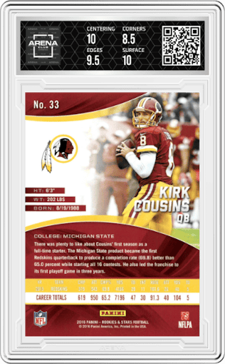 Kirk Cousins from the 2016 Panini Rookies & Stars set graded by Arena Club and given an overall grade of 9.