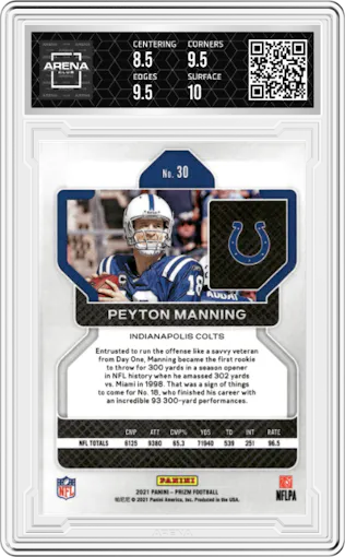 Peyton Manning from the 2021 Panini Prizm set graded by Arena Club and given an overall grade of 9.