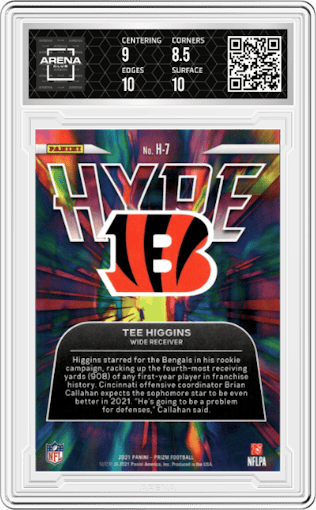 Tee Higgins from the 2021 Panini Prizm set graded by Arena Club and given an overall grade of 9.