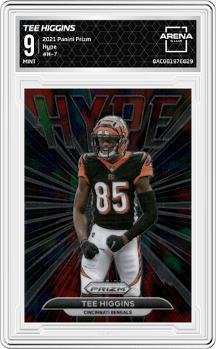 Tee Higgins from the 2021 Panini Prizm set graded by Arena Club and given an overall grade of 9.