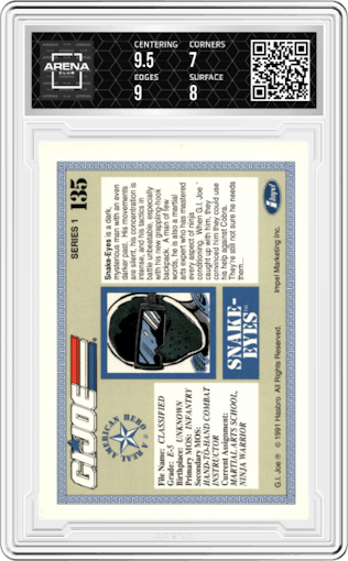 Snake-Eyes from the 1991 Impel G.I. Joe set graded by Arena Club and given an overall grade of 7.5.