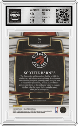 Scottie Barnes from the 2021-22 Panini Select set featuring a Blue Prizm parallel graded by Arena Club and given an overall grade of 10.