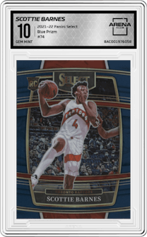 Scottie Barnes from the 2021-22 Panini Select set featuring a Blue Prizm parallel graded by Arena Club and given an overall grade of 10.