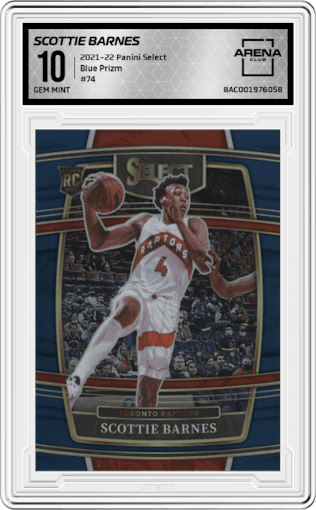 Scottie Barnes from the 2021-22 Panini Select set featuring a Blue Prizm parallel graded by Arena Club and given an overall grade of 10.