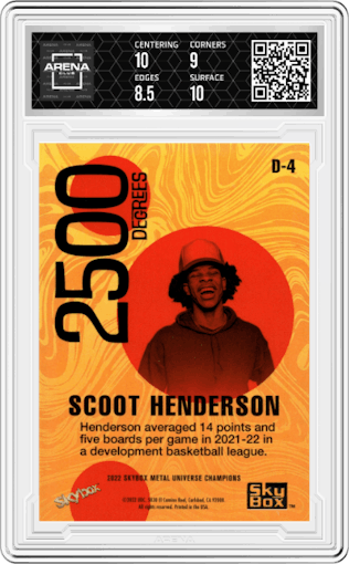 Scoot Henderson from the 2022 Skybox Metal Universe Champions Multi-Sport set graded by Arena Club and given an overall grade of 9.