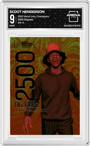 Scoot Henderson from the 2022 Skybox Metal Universe Champions Multi-Sport set graded by Arena Club and given an overall grade of 9.
