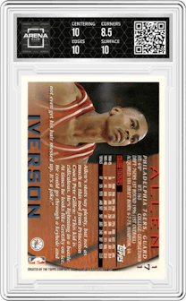 Allen Iverson from the 1996-97 Topps set graded by Arena Club and given an overall grade of 9.