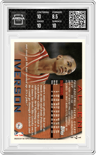 Allen Iverson from the 1996-97 Topps set graded by Arena Club and given an overall grade of 9.