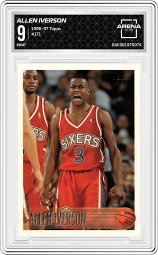 Allen Iverson from the 1996-97 Topps set graded by Arena Club and given an overall grade of 9.