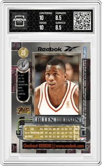 Allen Iverson from the 1997-98 Metal Universe set featuring a Silver parallel graded by Arena Club and given an overall grade of 9.