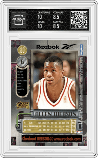 Allen Iverson from the 1997-98 Metal Universe set featuring a Silver parallel graded by Arena Club and given an overall grade of 9.