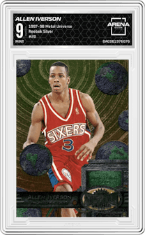 Allen Iverson from the 1997-98 Metal Universe set featuring a Silver parallel graded by Arena Club and given an overall grade of 9.