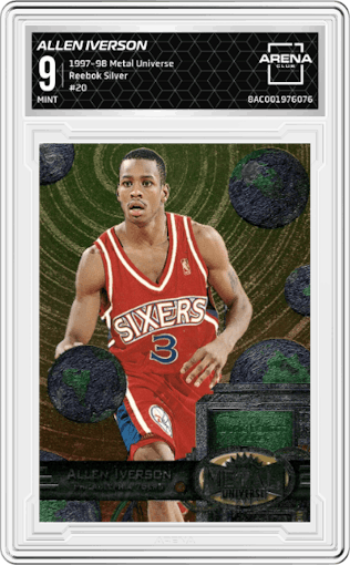 Allen Iverson from the 1997-98 Metal Universe set featuring a Silver parallel graded by Arena Club and given an overall grade of 9.