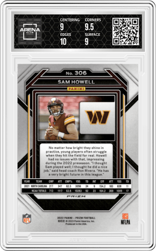 Sam Howell from the 2022 Panini Prizm set featuring a Red/White/Blue Prizm parallel graded by Arena Club and given an overall grade of 9.5.
