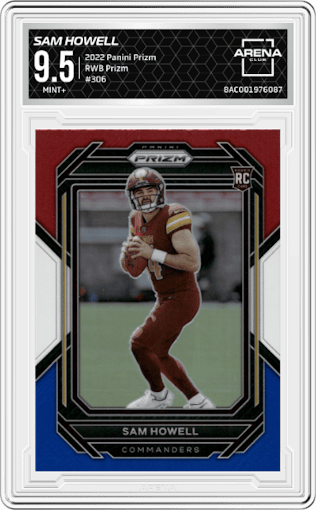 Sam Howell from the 2022 Panini Prizm set featuring a Red/White/Blue Prizm parallel graded by Arena Club and given an overall grade of 9.5.
