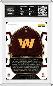 Sam Howell from the 2022 Panini Select set featuring a Die-Cut Black/Green parallel graded by Arena Club and given an overall grade of 9.5.