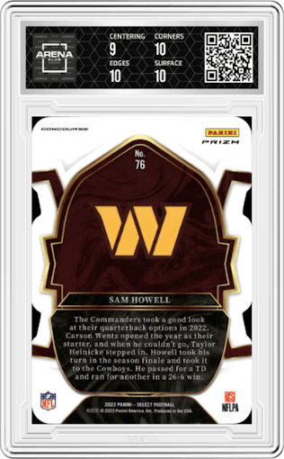 Sam Howell from the 2022 Panini Select set featuring a Die-Cut Black/Green parallel graded by Arena Club and given an overall grade of 9.5.