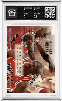 Michael Jordan from the 1994-95 Skybox E-Motion set graded by Arena Club and given an overall grade of 9.