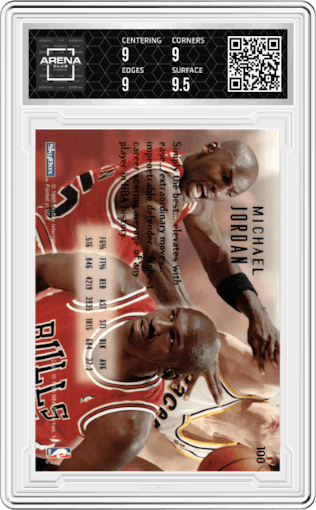 Michael Jordan from the 1994-95 Skybox E-Motion set graded by Arena Club and given an overall grade of 9.