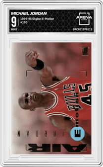 Michael Jordan from the 1994-95 Skybox E-Motion set graded by Arena Club and given an overall grade of 9.