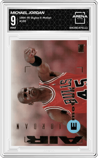 Michael Jordan from the 1994-95 Skybox E-Motion set graded by Arena Club and given an overall grade of 9.